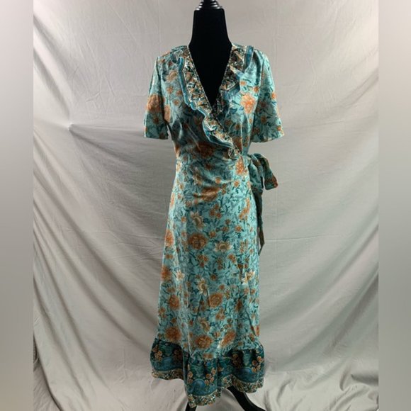 Blue Boho Floral Print Ruffle Trim Wrap Knot Side Dress - Picture 6 of 6